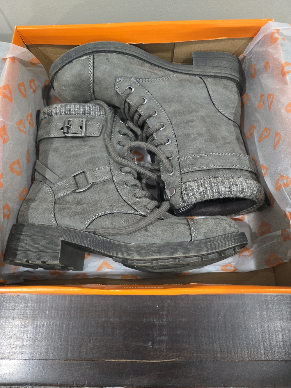 Rocketdog Gray Lace-Up Combat Boots with Knit Trim SZ 7